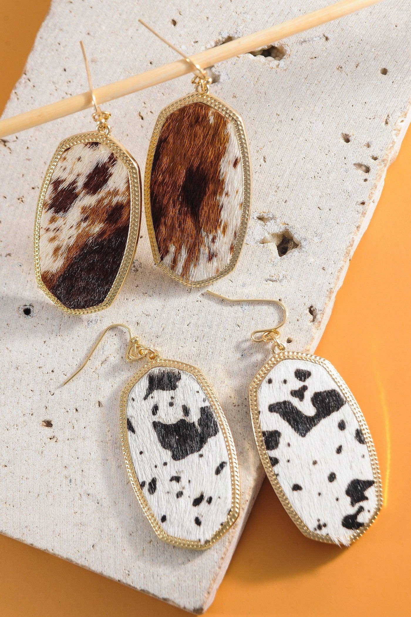 FAUX LEATHER COW PRINT GOLD DROP EARRINGS