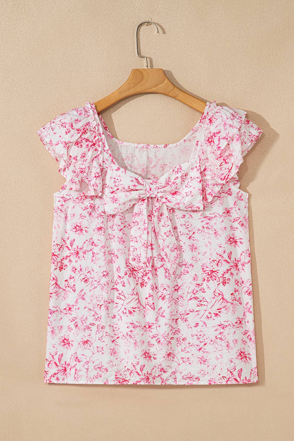 Floral Ruffled Short Sleeve Square Neck Bow Back Blouse