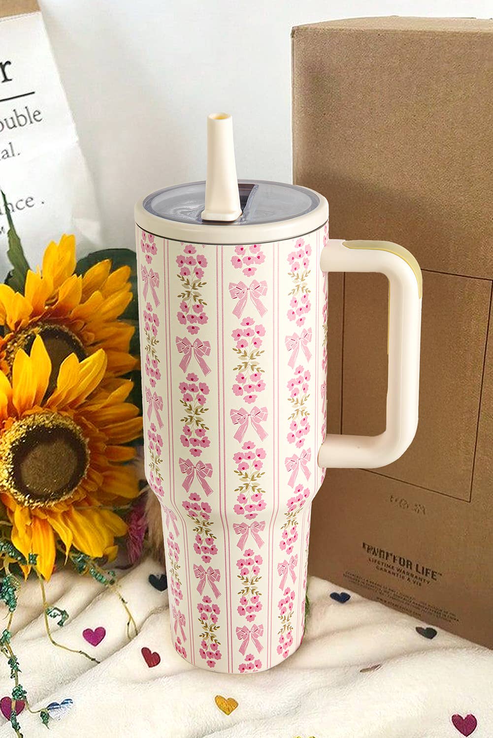 Sweet Bow Flower Print Straw Insert Tumbler Cup 40oz