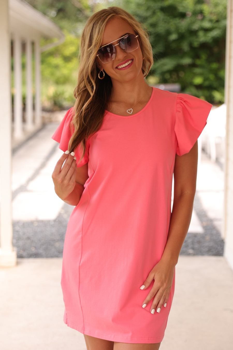 Caitlin Flutter Sleeve Dress, Coral