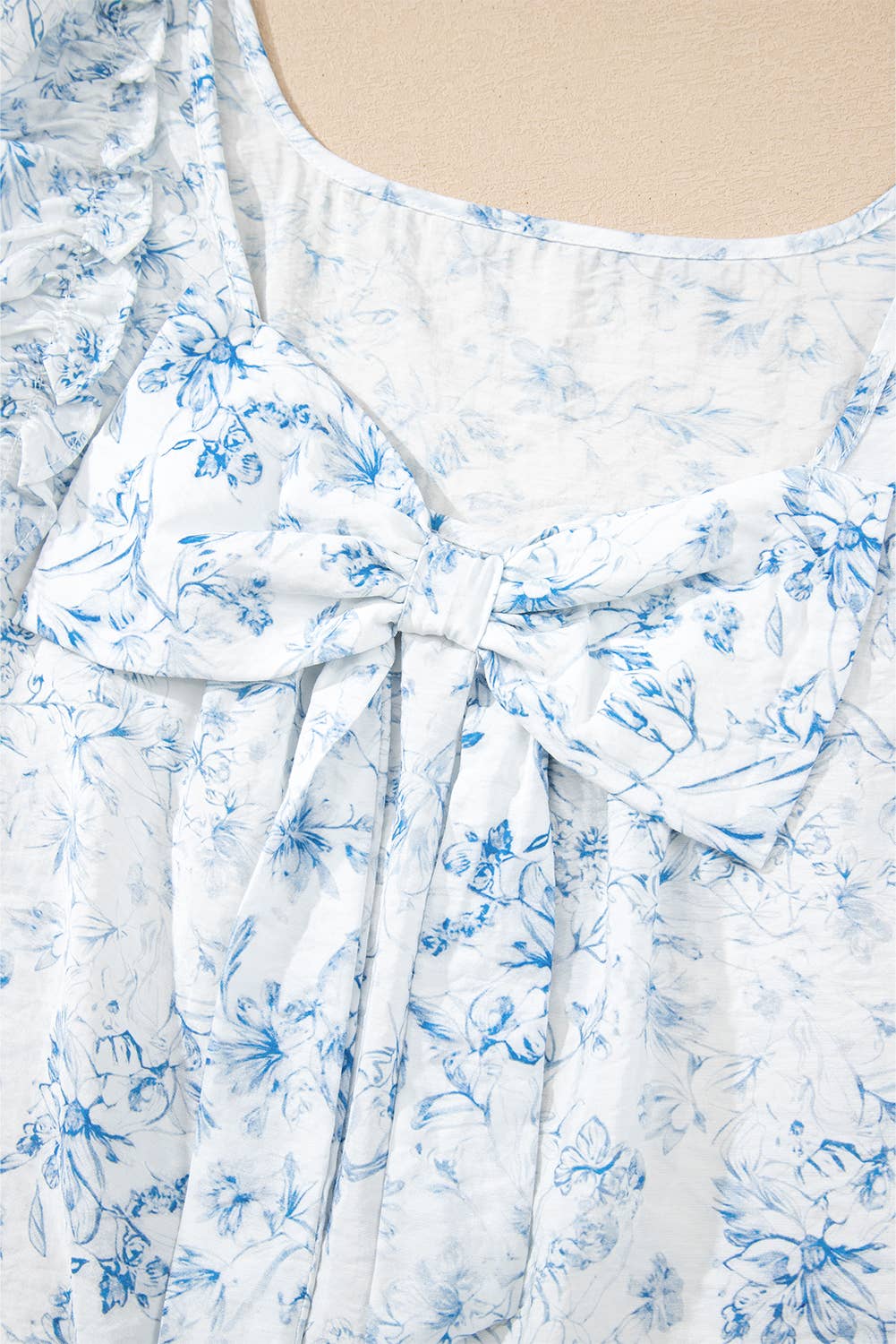 Floral Ruffled Short Sleeve Square Neck Bow Back Blouse