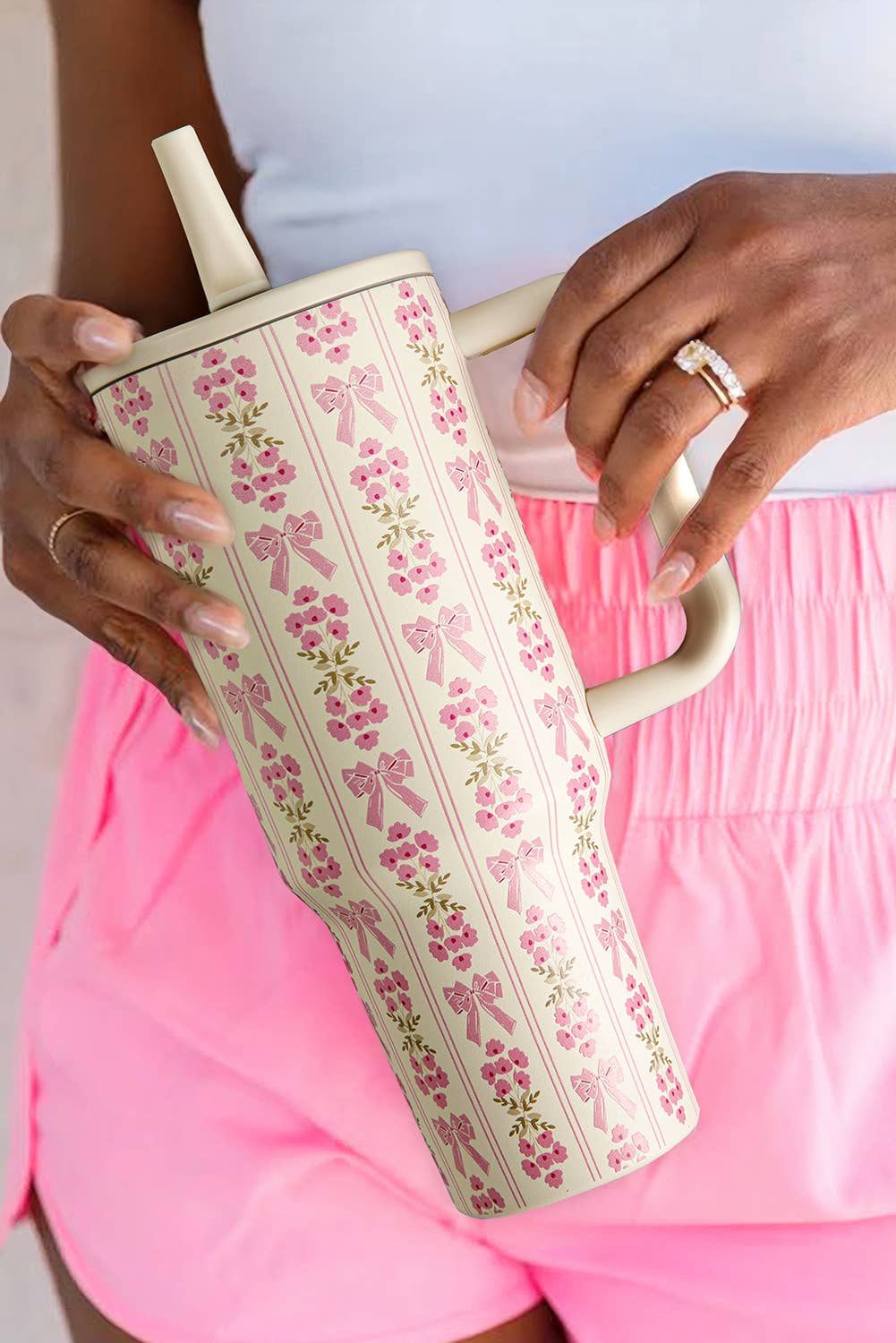 Sweet Bow Flower Print Straw Insert Tumbler Cup 40oz