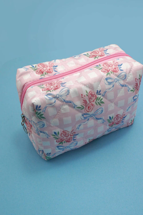BOW QUILTED COTTON FLORAL COSMETIC POUCH BAG | 40P567