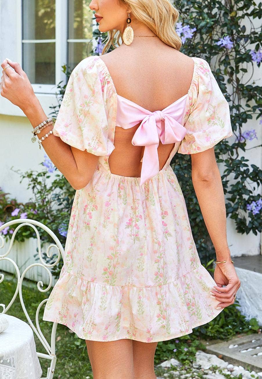 Puff Sleeve Square Neck Knotted Open Back Ruffled Mini Dress