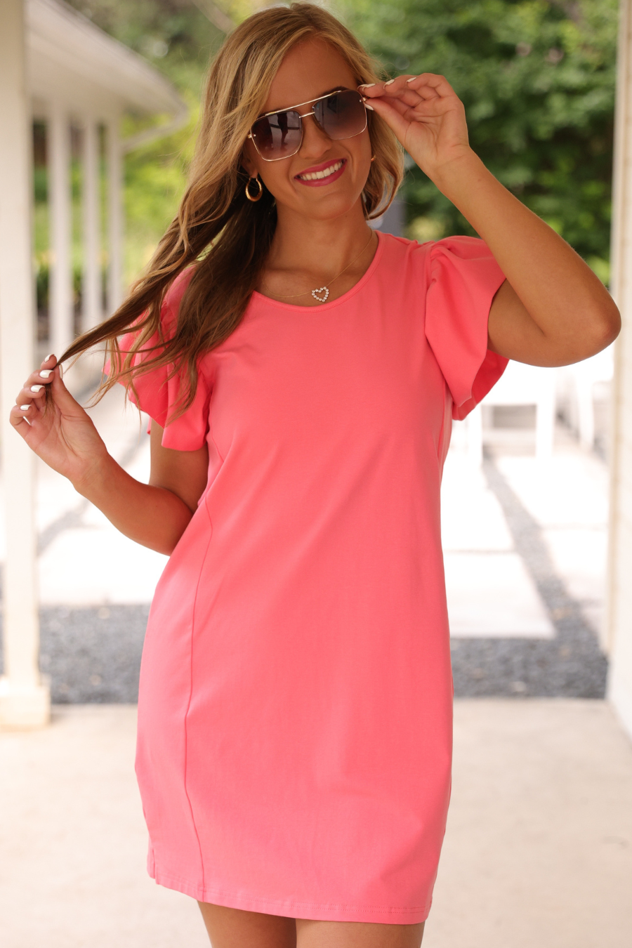 Caitlin Flutter Sleeve Dress, Coral