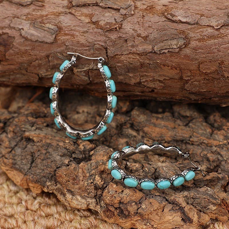 WESTERN TURQ STONE HOOP EARRINGS