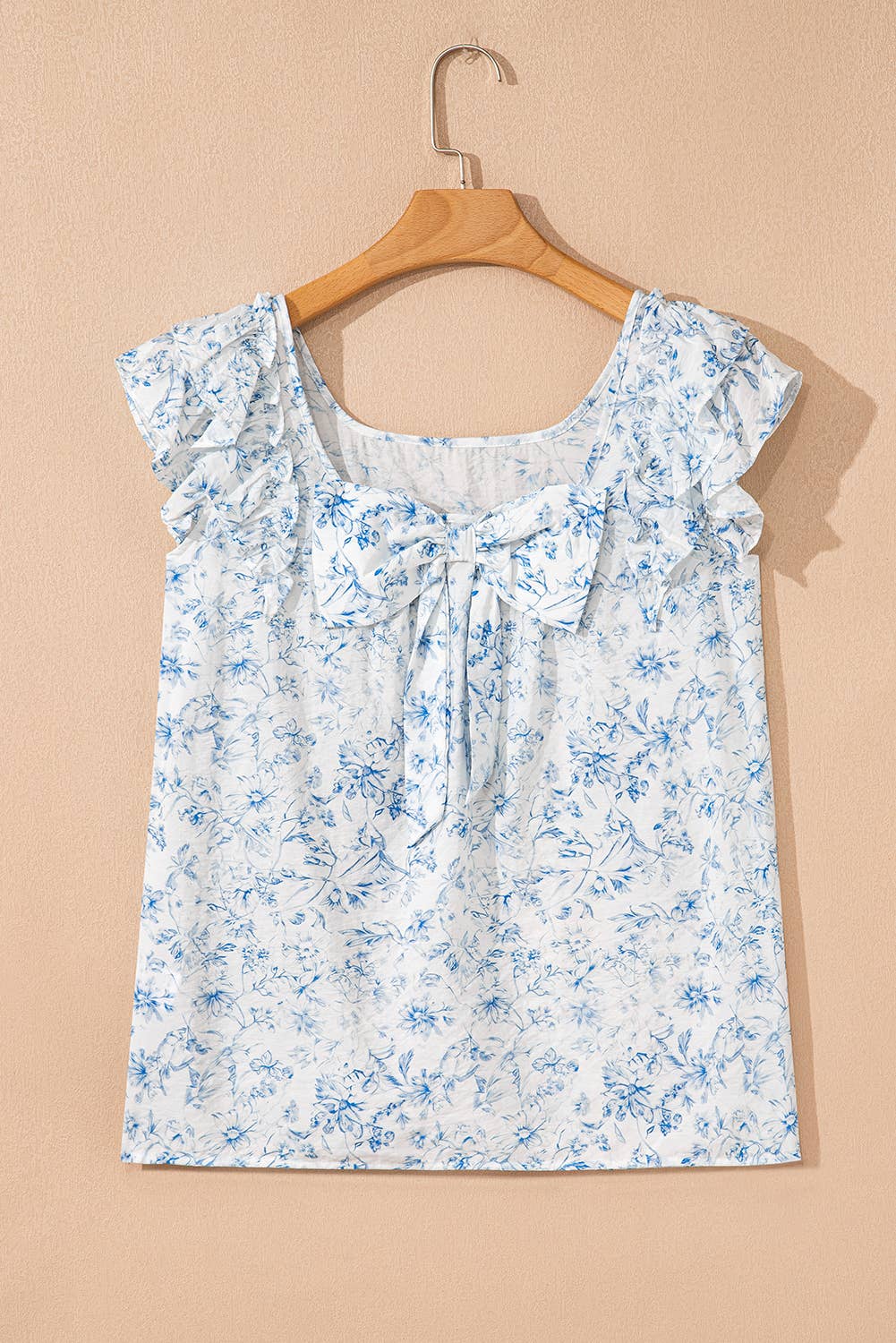Floral Ruffled Short Sleeve Square Neck Bow Back Blouse