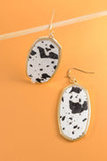 FAUX LEATHER COW PRINT GOLD DROP EARRINGS