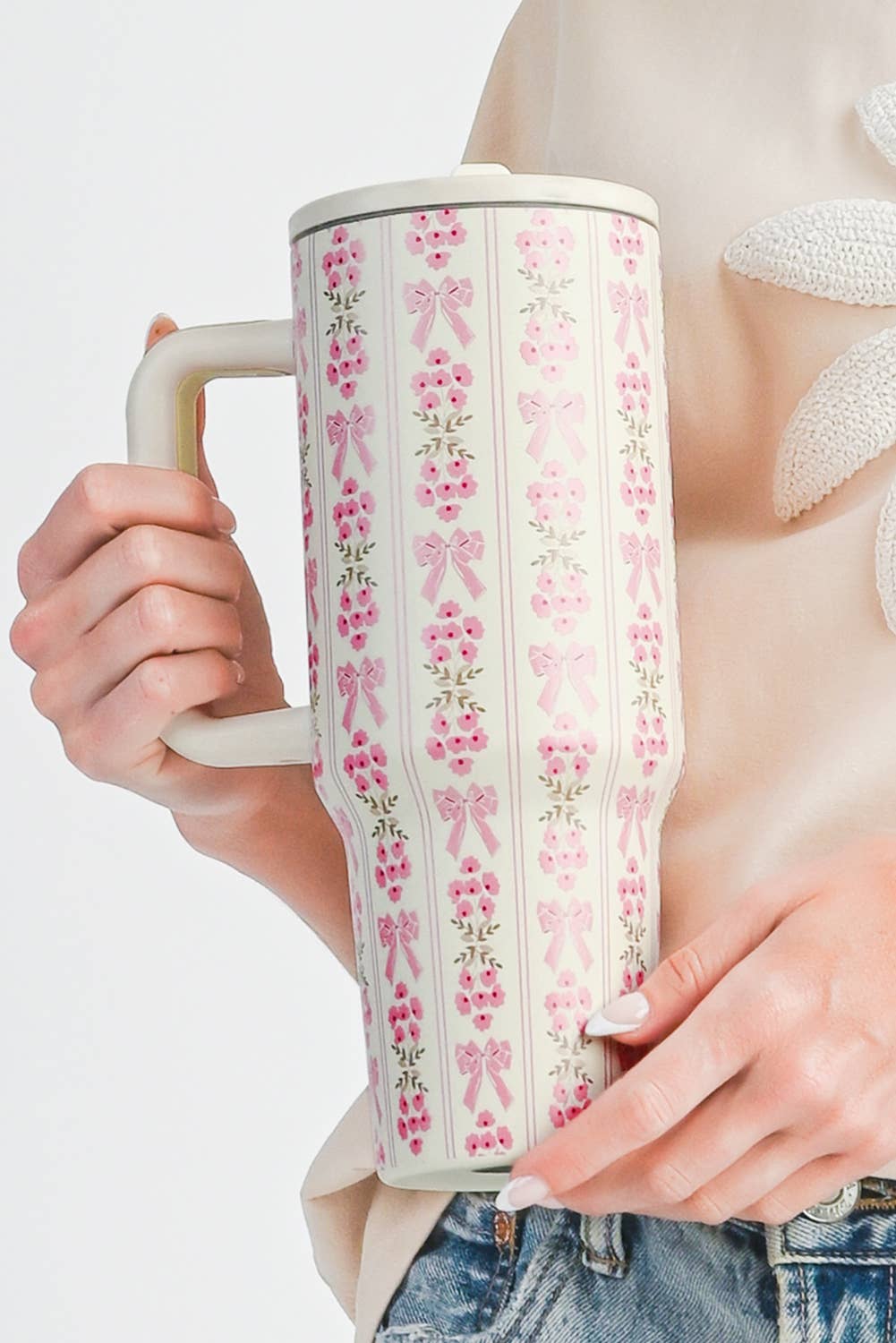 Sweet Bow Flower Print Straw Insert Tumbler Cup 40oz