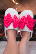 Cozy Bow Slippers- White/Hot Pink