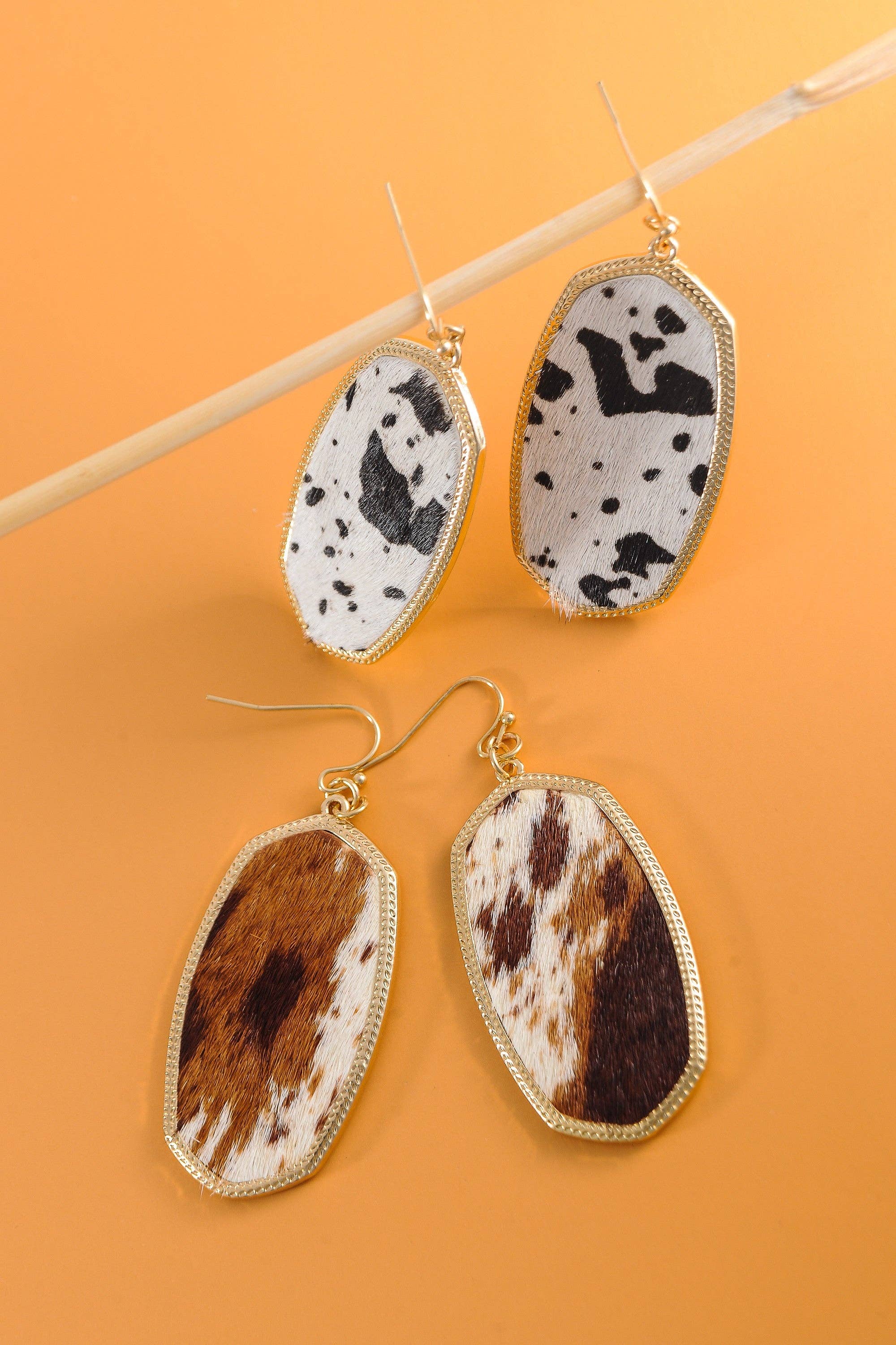 FAUX LEATHER COW PRINT GOLD DROP EARRINGS