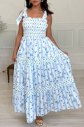 Floral Smocked Tied Straps A-Lined Tiered Maxi Dress