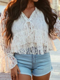Western Tie V Neck Lace Ruffle Detail Long Sleeve Blouse