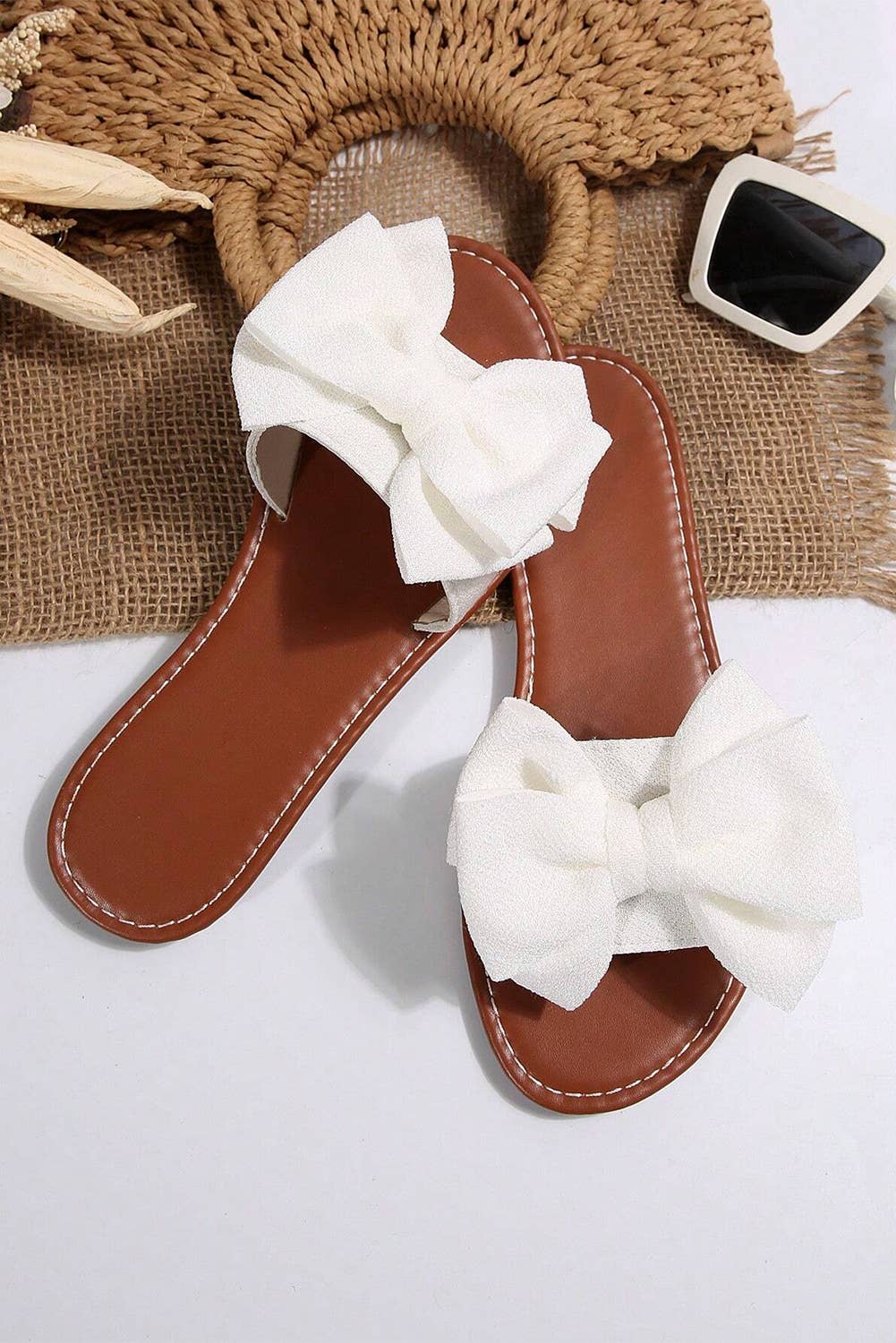 Bow Knot Decor PU Leather Insole Flat Slippers