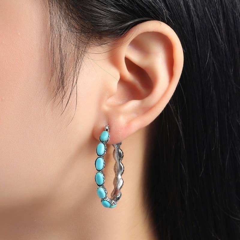 WESTERN TURQ STONE HOOP EARRINGS
