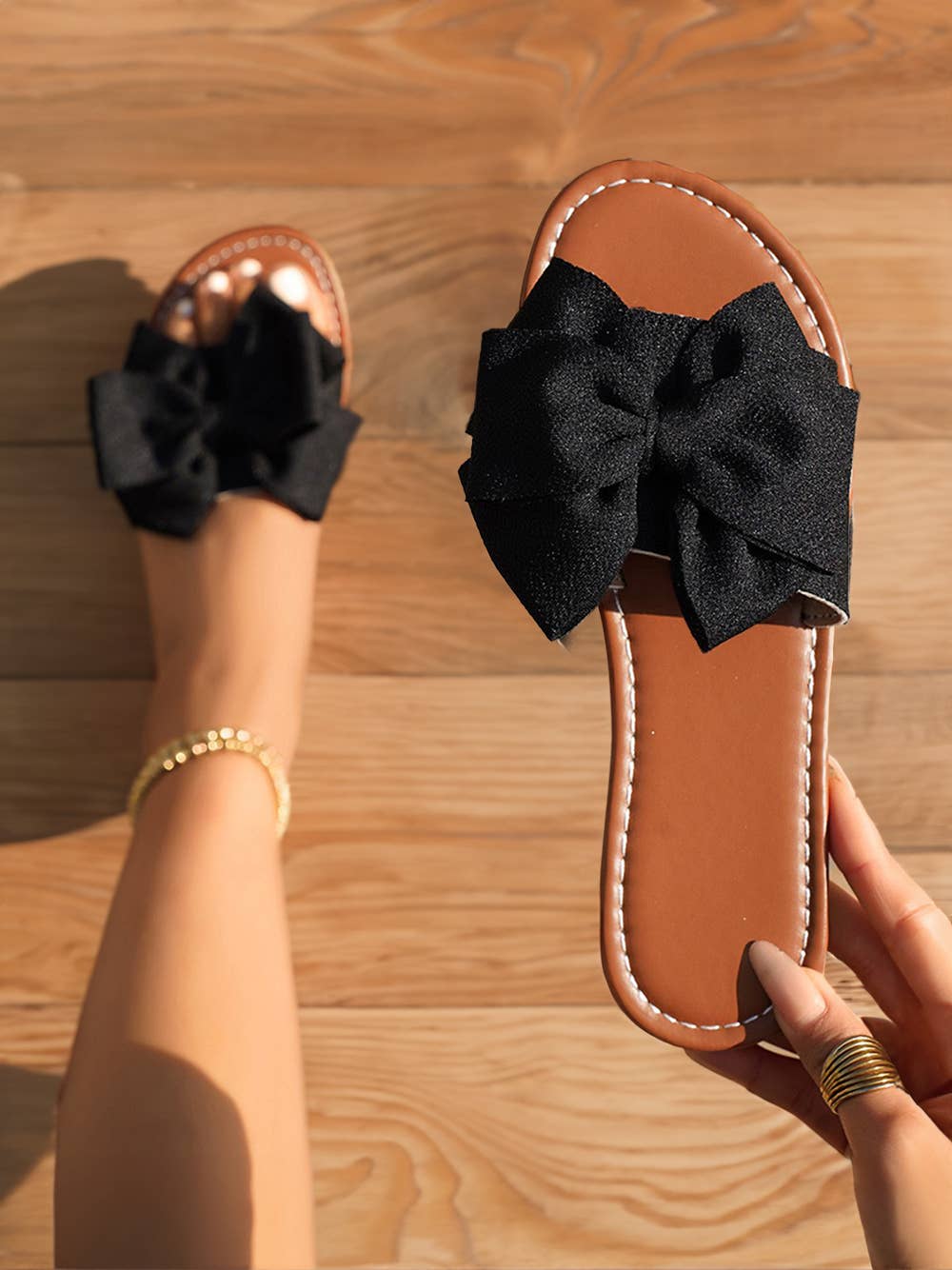 Bow Knot Decor PU Leather Insole Flat Slippers