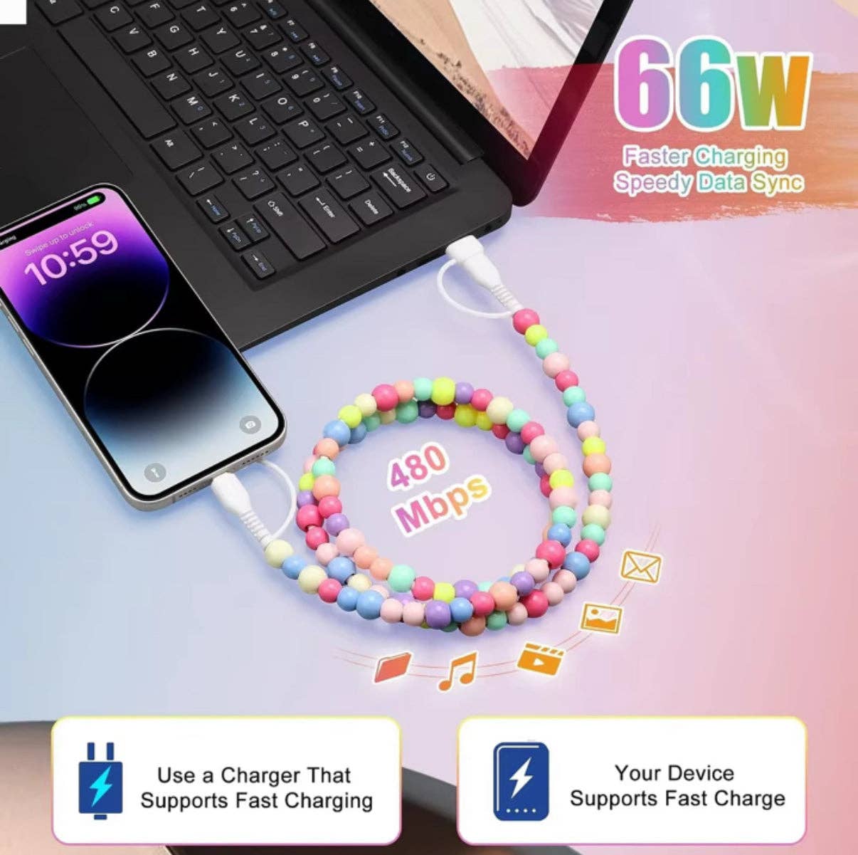 Pink Pearl 4-in-1 Beaded Charging Cable